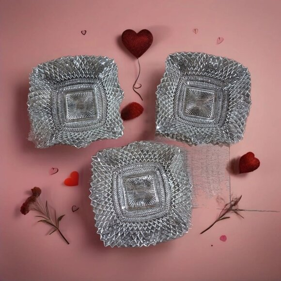 Unmarked Other - Clear Depression Glass Diamond Cut Candy Dish Candle Holder Sawtooth Edges Set 3